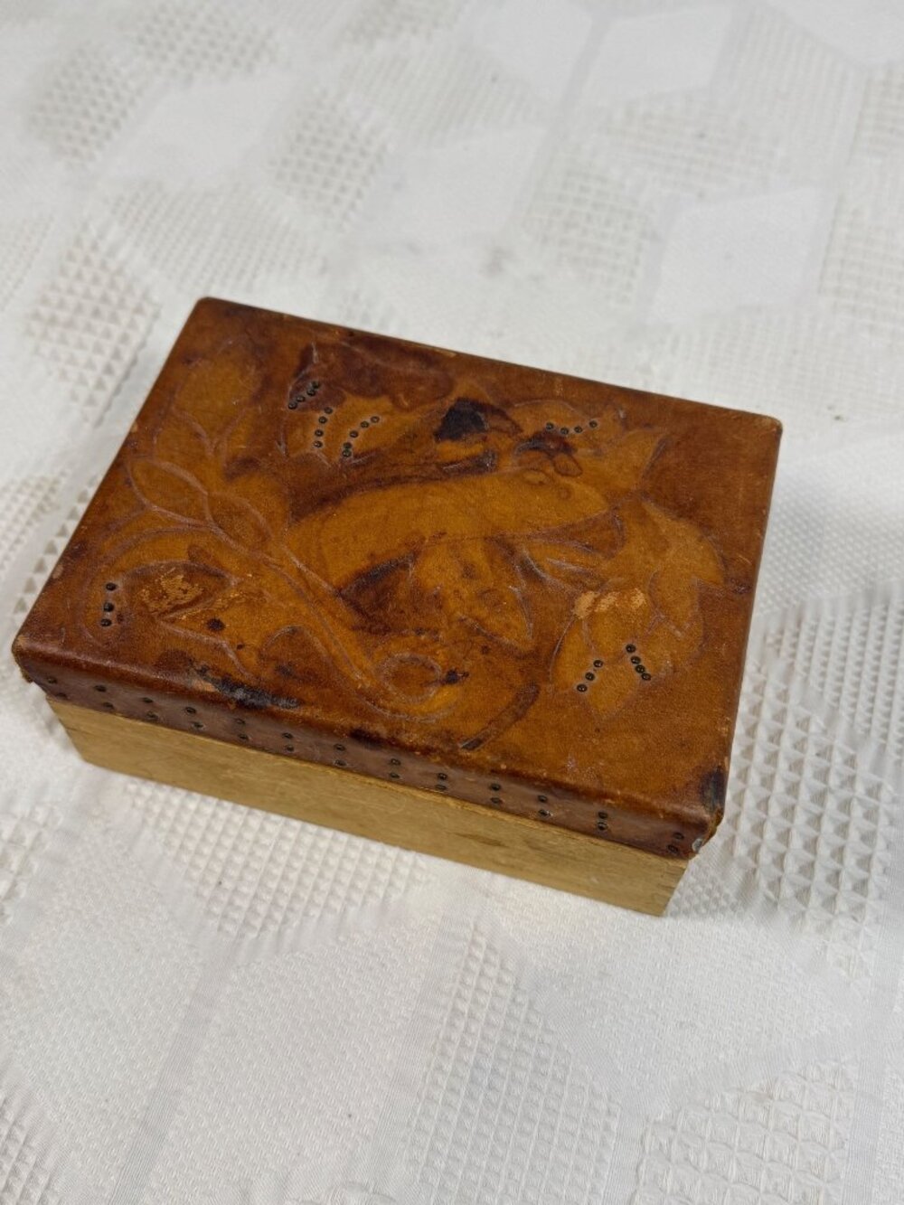 Hand Carved Vintage Wooden Trinket Box w Embossed Leather Floral Design c1950s